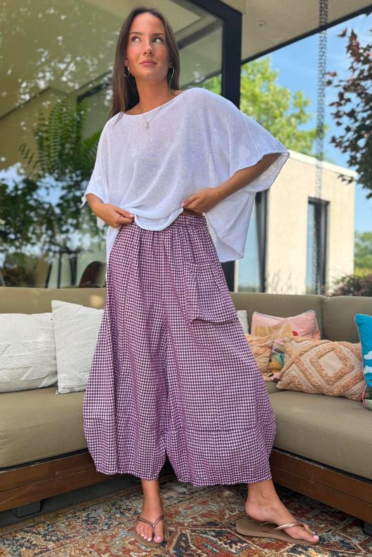 Arbi Gingham Pocket Culotte Pant Aubergine